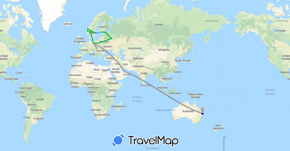 TravelMap itinerary: driving, bus, plane, boat in United Arab Emirates, Australia, Belarus, Germany, Denmark, Finland, Hungary, Norway, Poland, Russia, Sweden (Asia, Europe, Oceania)